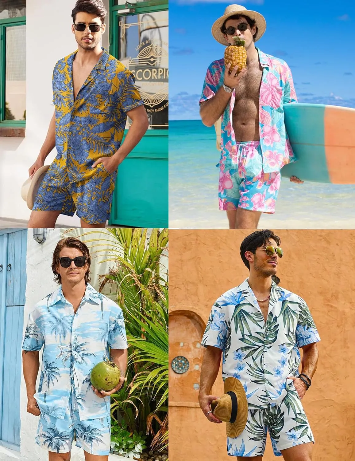 COOFANDY Men's Hawaiian Matching Set Summer Beach 2 Piece Outfits Flower Button Down Shirts and Shorts Vacation Outfits