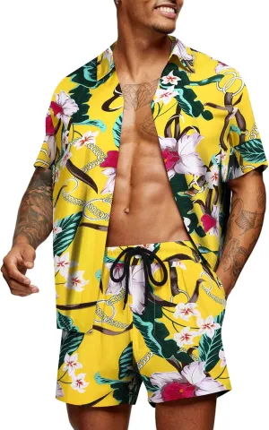 COOFANDY Men's Hawaiian Matching Set Summer Beach 2 Piece Outfits Flower Button Down Shirts and Shorts Vacation Outfits
