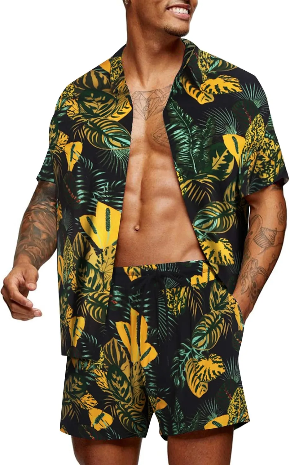 COOFANDY Men's Hawaiian Matching Set Summer Beach 2 Piece Outfits Flower Button Down Shirts and Shorts Vacation Outfits
