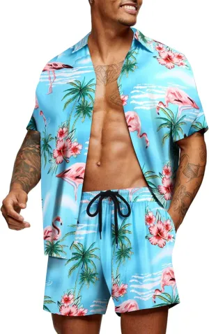 COOFANDY Men's Hawaiian Matching Set Summer Beach 2 Piece Outfits Flower Button Down Shirts and Shorts Vacation Outfits