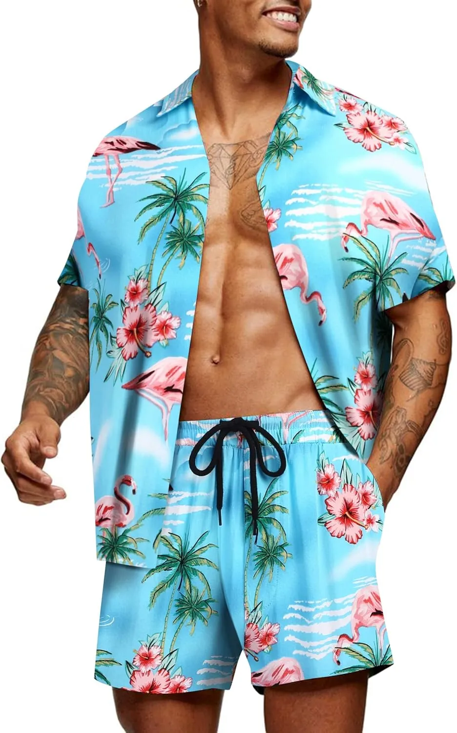 COOFANDY Men's Hawaiian Matching Set Summer Beach 2 Piece Outfits Flower Button Down Shirts and Shorts Vacation Outfits