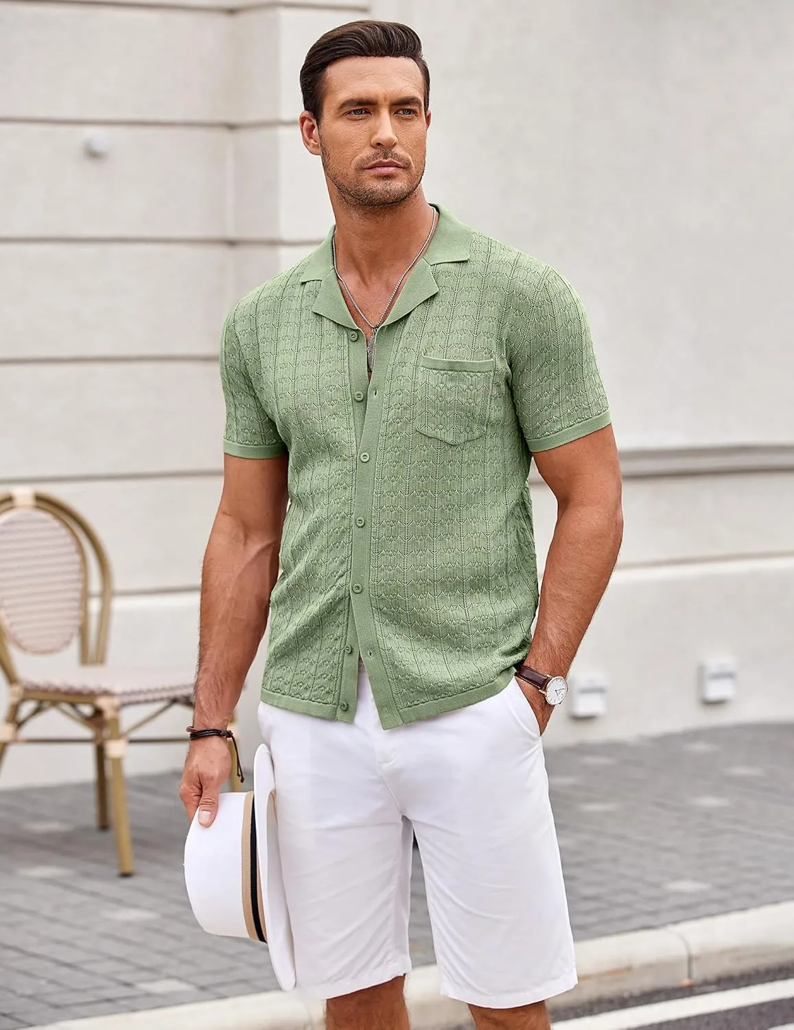 COOFANDY Men's Knit Button Down Shirt Short Sleeve Vintage Polo Shirts Summer Casual Beach Tops