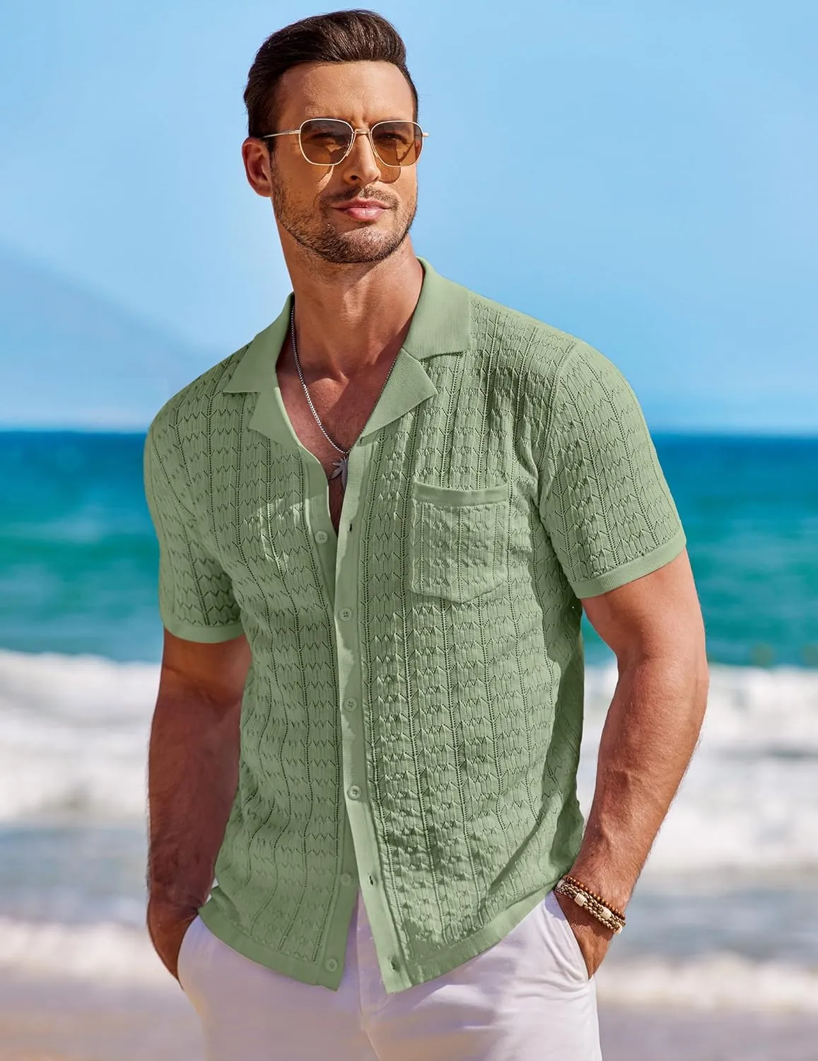 COOFANDY Men's Knit Button Down Shirt Short Sleeve Vintage Polo Shirts Summer Casual Beach Tops
