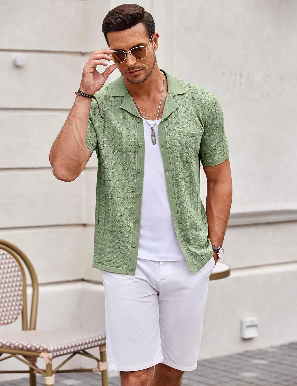 COOFANDY Men's Knit Button Down Shirt Short Sleeve Vintage Polo Shirts Summer Casual Beach Tops