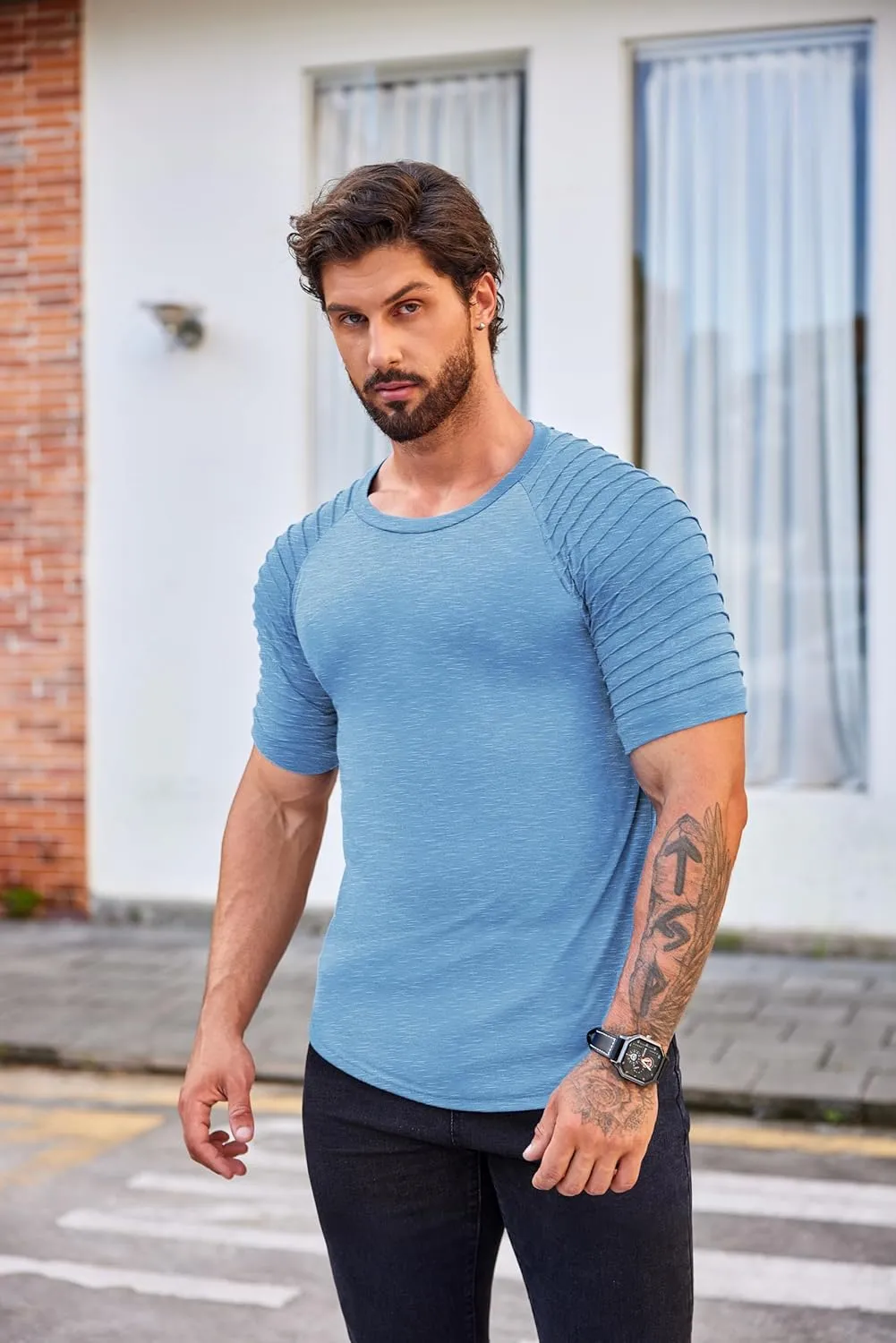 COOFANDY Men's Muscle T-Shirt Pleated Raglan Sleeve Bodybuilding Gym Tee Short Sleeve Fashion Workout Shirts Hipster Shirt
