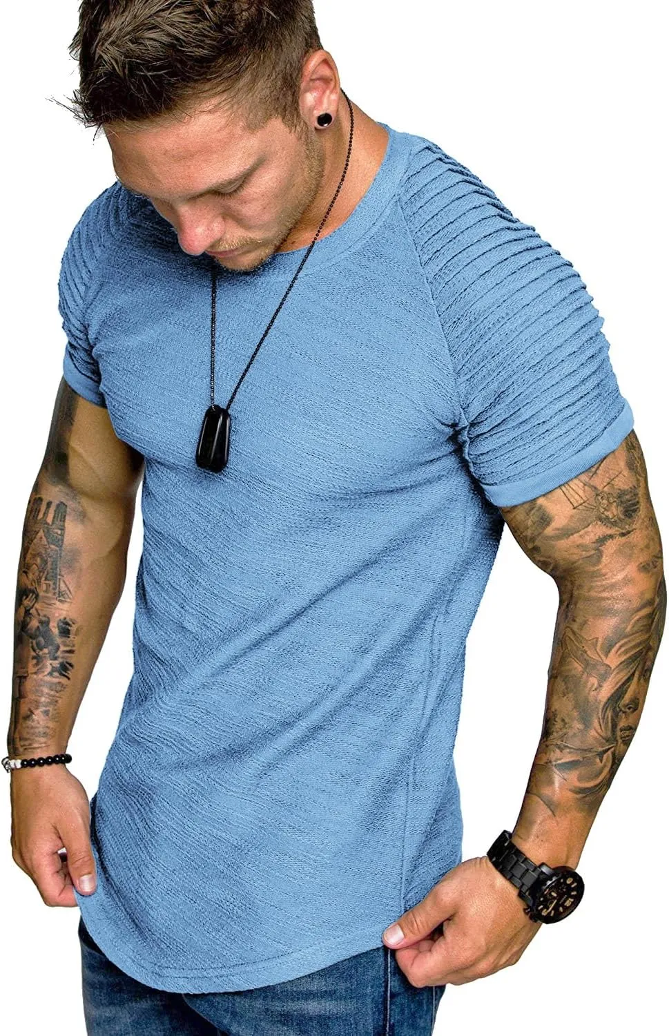 COOFANDY Men's Muscle T-Shirt Pleated Raglan Sleeve Bodybuilding Gym Tee Short Sleeve Fashion Workout Shirts Hipster Shirt
