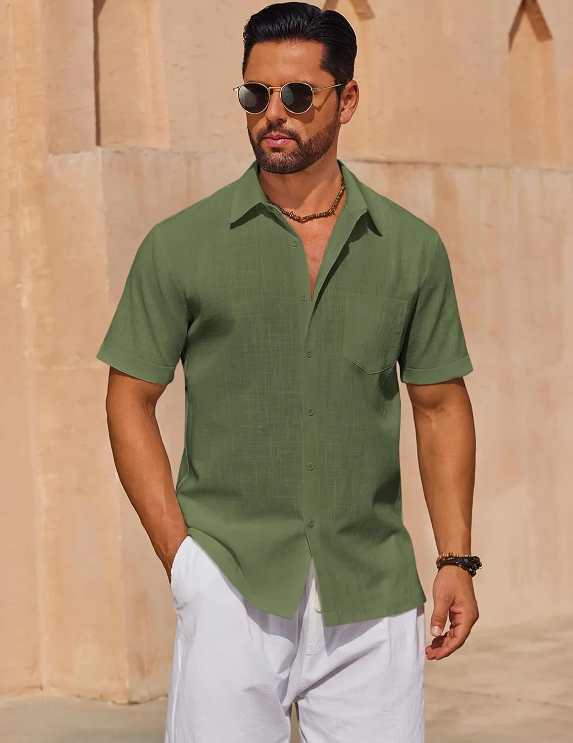 COOFANDY Mens Short Sleeve Button Down Shirts 100% Cotton Beach Style Textured Shirts