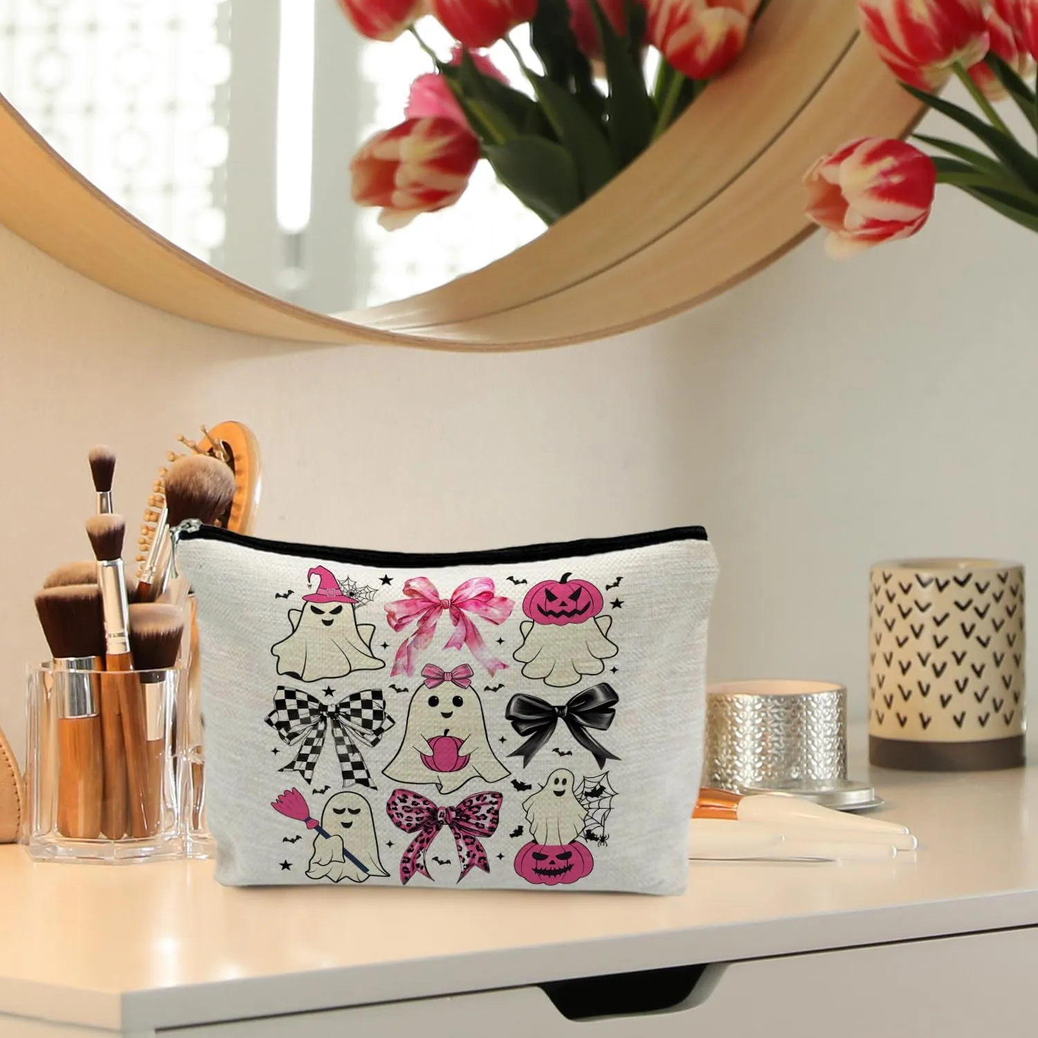 Coquette Bow Ghost Cosmetic Bags: Cute Halloween Gifts for Women, Horror & Spooky Makeup Bags