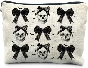 Coquette Gothic Halloween Makeup Bag, Dark Bow Skull Makeup Bag, Spooky Gifts for Women