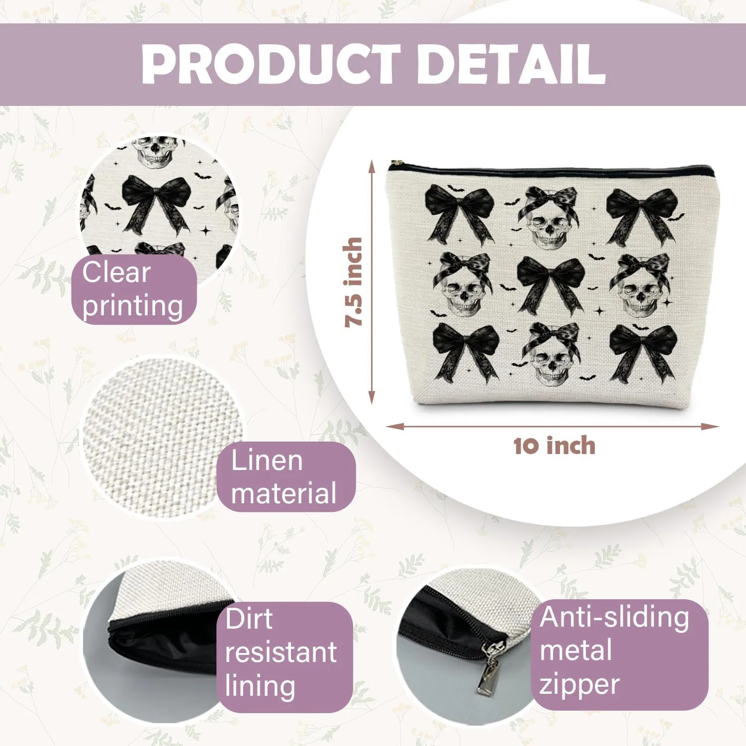 Coquette Gothic Halloween Makeup Bag, Dark Bow Skull Makeup Bag, Spooky Gifts for Women