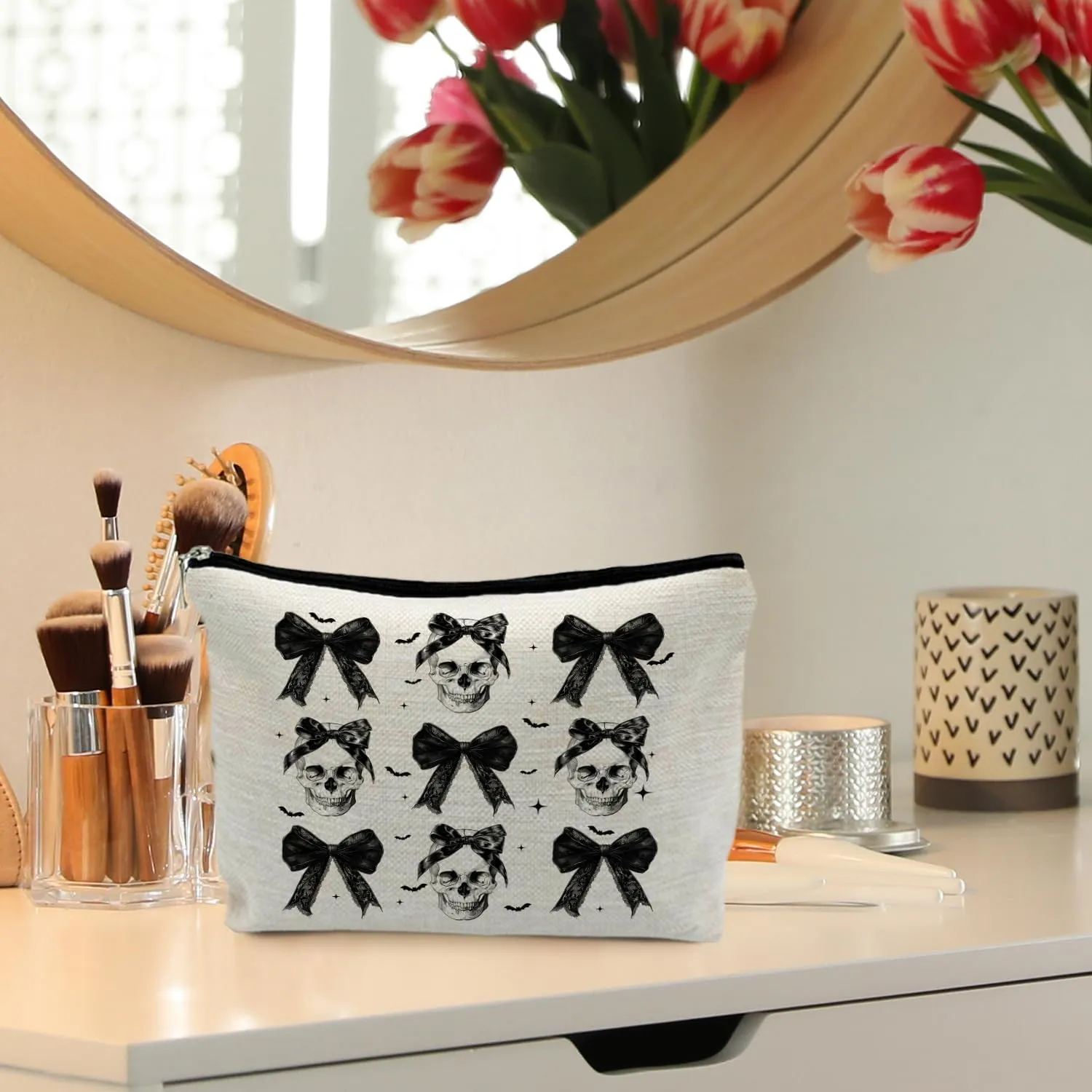 Coquette Gothic Halloween Makeup Bag, Dark Bow Skull Makeup Bag, Spooky Gifts for Women