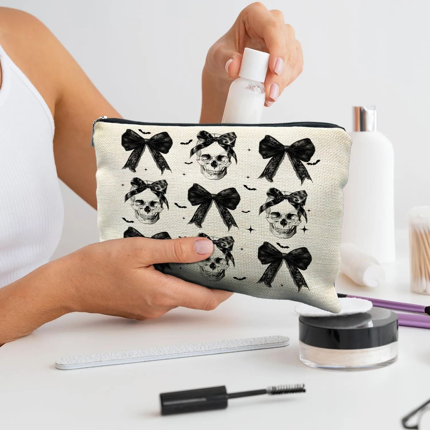 Coquette Gothic Halloween Makeup Bag, Dark Bow Skull Makeup Bag, Spooky Gifts for Women