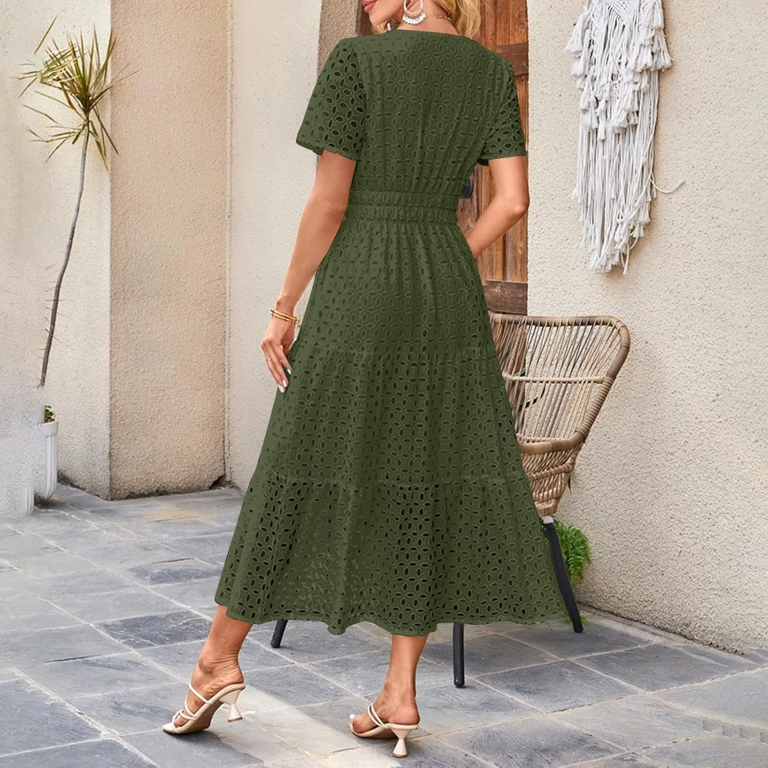 Cotton Eyelet Lace Tie Dress for Women Casual Summer Dress with Pockets and Short Sleeves