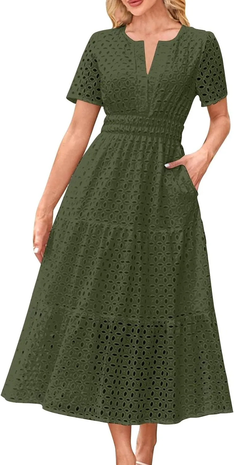 Cotton Eyelet Lace Tie Dress for Women Casual Summer Dress with Pockets and Short Sleeves