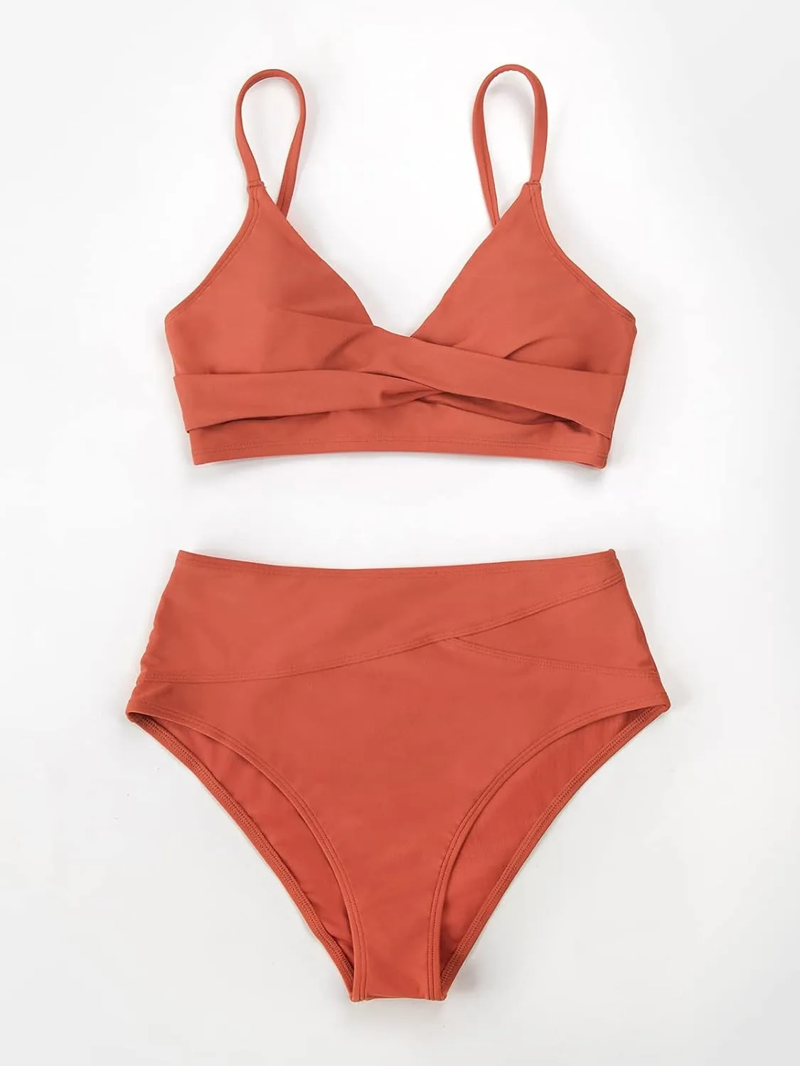 CUPSHE Women's Bikini Sets Two Piece Swimsuit High Waisted V Neck Twist Front Adjustable Spaghetti Straps Bathing Suit