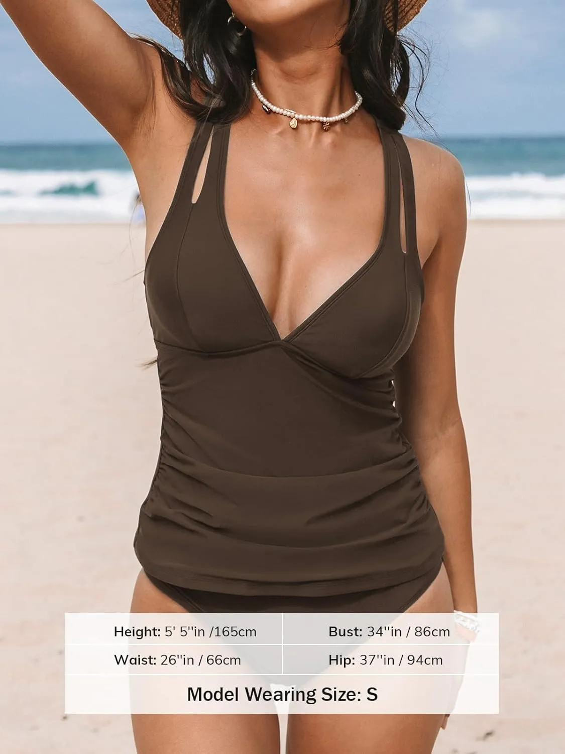 CUPSHE Women's Tankini Set V Neck Crisscross Adjustable Straps Cutout Two Piece Swimsuit Mid Rise Ruched