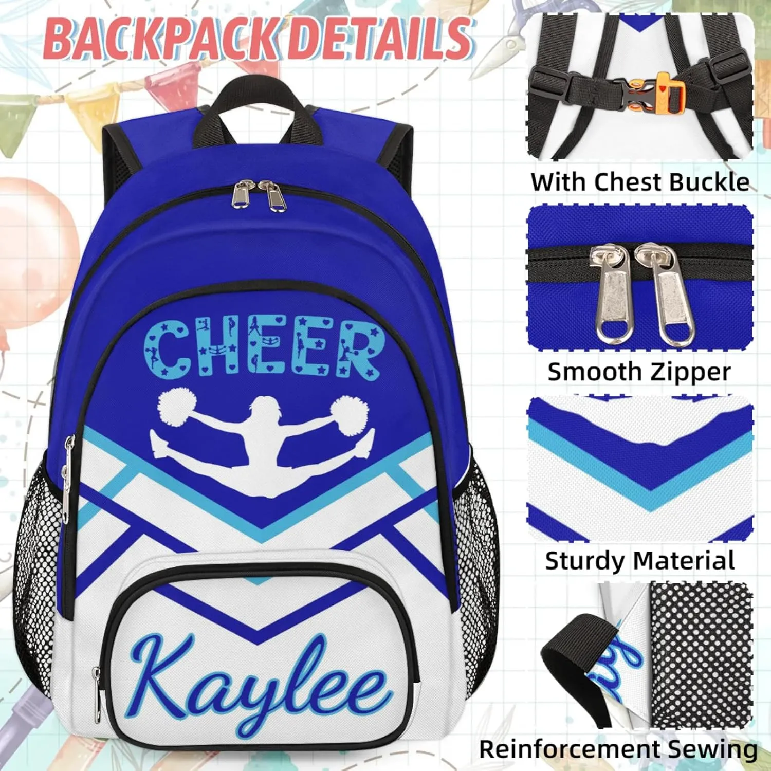Custom Cheer Backpack Personalized Cheerleader Shoulder Bag Backpacks Daypack for Women Travel Gifts Cobalt Blue Cyan