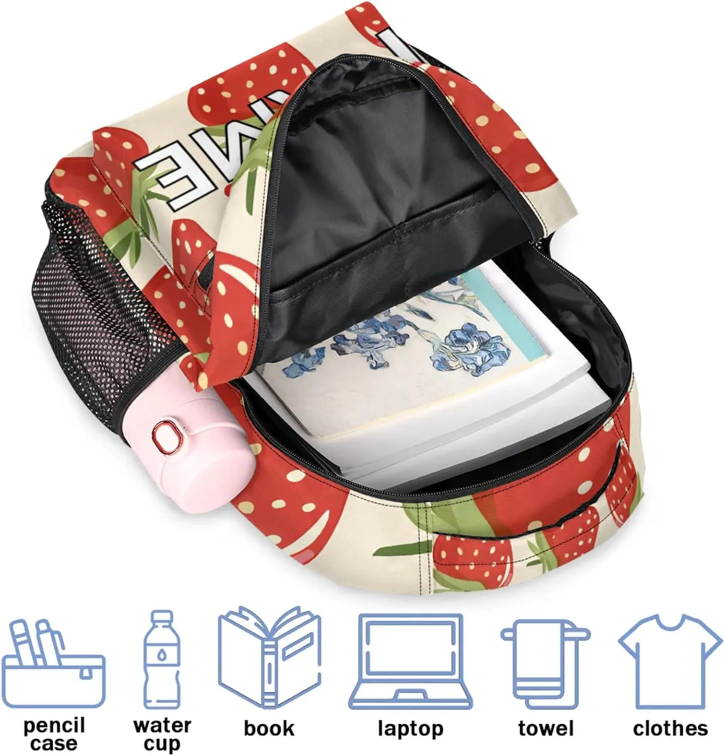 Custom Cute Strawberry Backpack with Name Personalized Waterproof Casual Daypack Modern Cartoon Customize Laptop Backpacks for Women Men