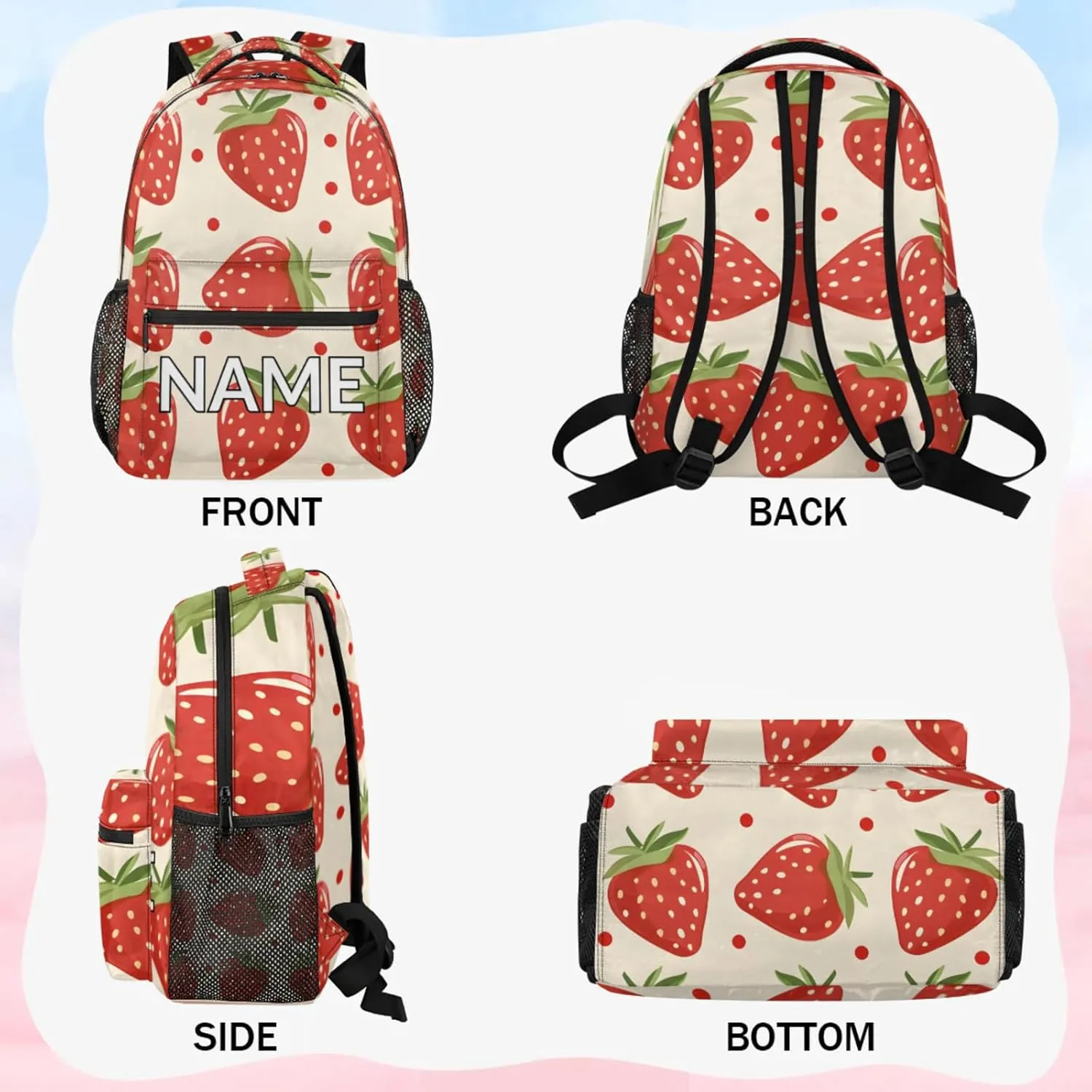 Custom Cute Strawberry Backpack with Name Personalized Waterproof Casual Daypack Modern Cartoon Customize Laptop Backpacks for Women Men