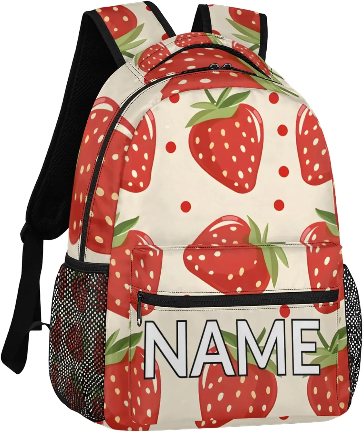Custom Cute Strawberry Backpack with Name Personalized Waterproof Casual Daypack Modern Cartoon Customize Laptop Backpacks for Women Men