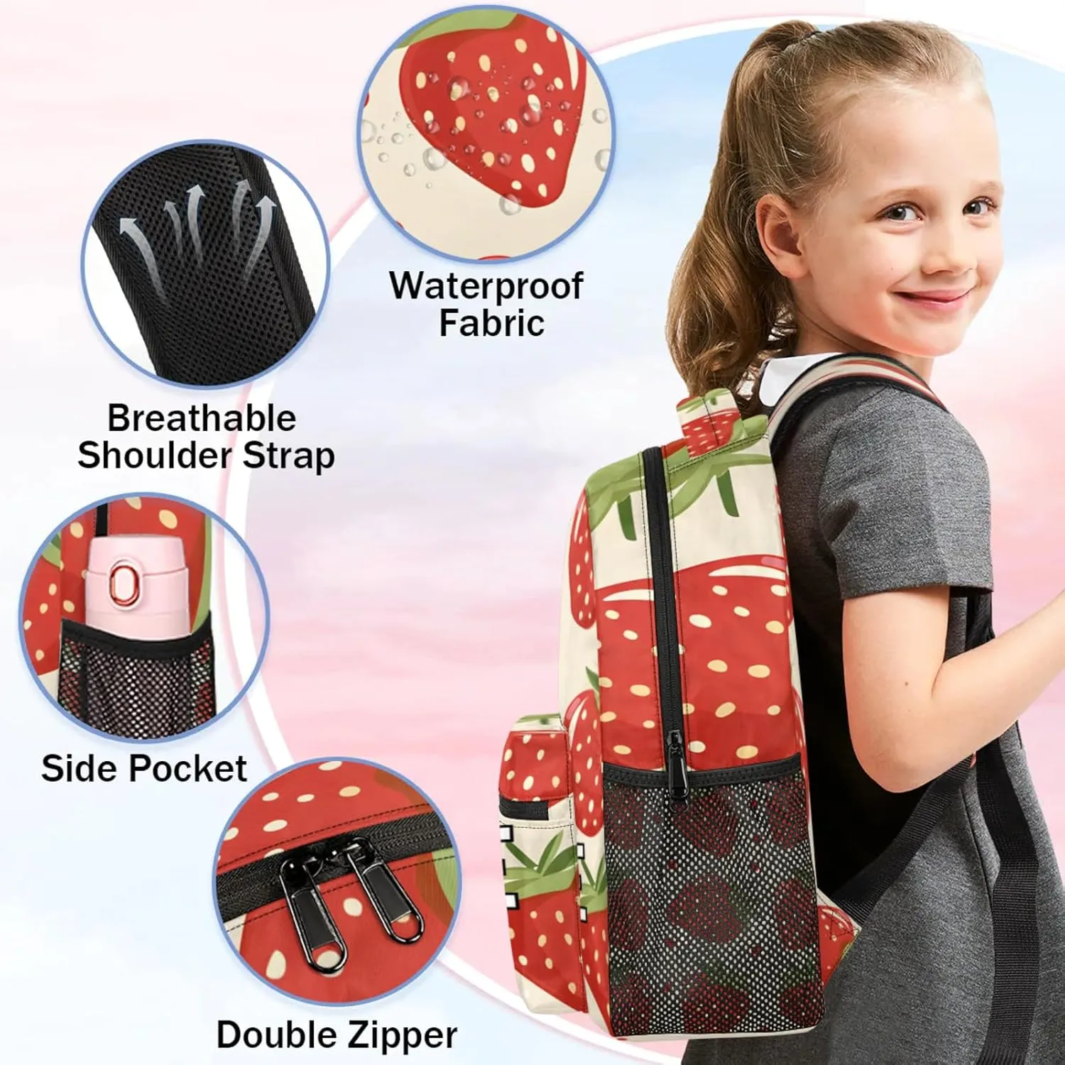Custom Cute Strawberry Backpack with Name Personalized Waterproof Casual Daypack Modern Cartoon Customize Laptop Backpacks for Women Men