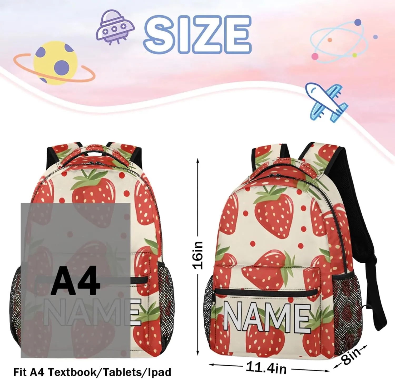 Custom Cute Strawberry Backpack with Name Personalized Waterproof Casual Daypack Modern Cartoon Customize Laptop Backpacks for Women Men