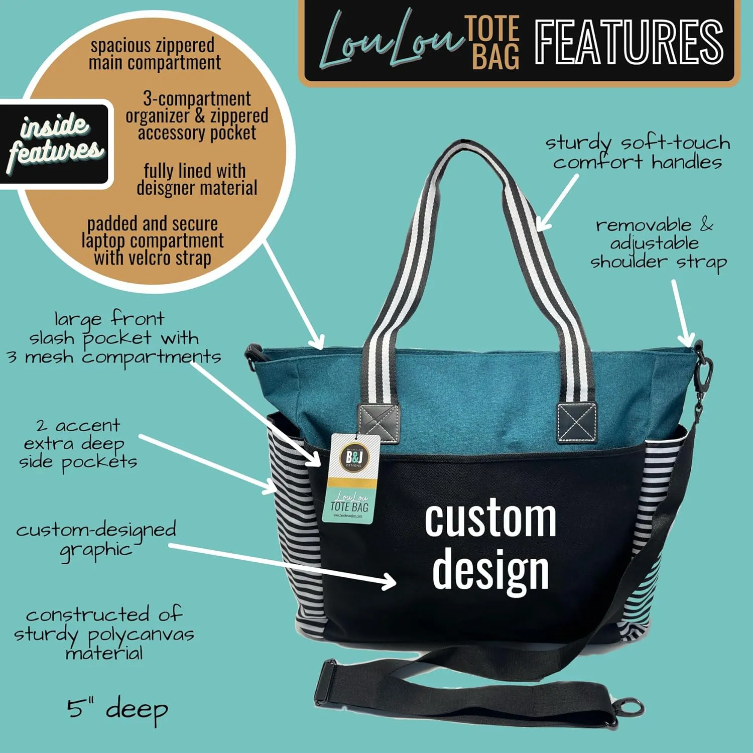Custom Designed Personalized Brooke & Jess Designs Functional and Durable Lou Lou Laptop Computer Work Travel Tote Bag with Zipper and Interior Pockets (Teal)
