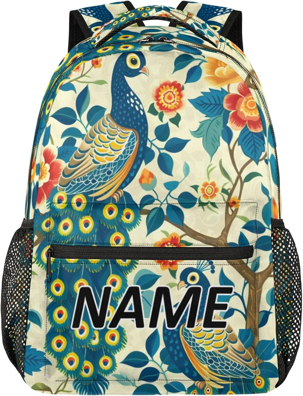 Custom Peacock Backpack with Name Personalized Waterproof Casual Daypack Watercolor Bird Feather Customize Laptop Backpacks for Women Men