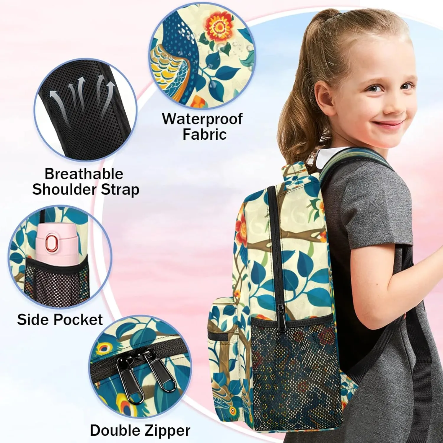 Custom Peacock Backpack with Name Personalized Waterproof Casual Daypack Watercolor Bird Feather Customize Laptop Backpacks for Women Men
