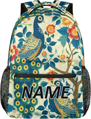 Custom Peacock Backpack with Name Personalized Waterproof Casual Daypack Watercolor Bird Feather Customize Laptop Backpacks for Women Men