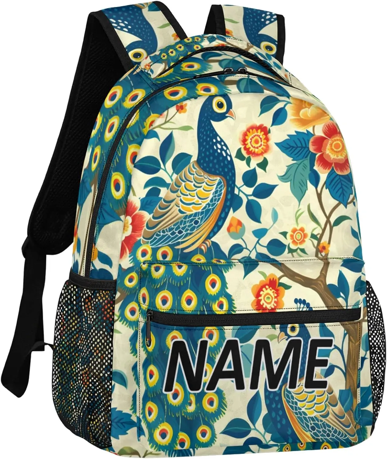 Custom Peacock Backpack with Name Personalized Waterproof Casual Daypack Watercolor Bird Feather Customize Laptop Backpacks for Women Men