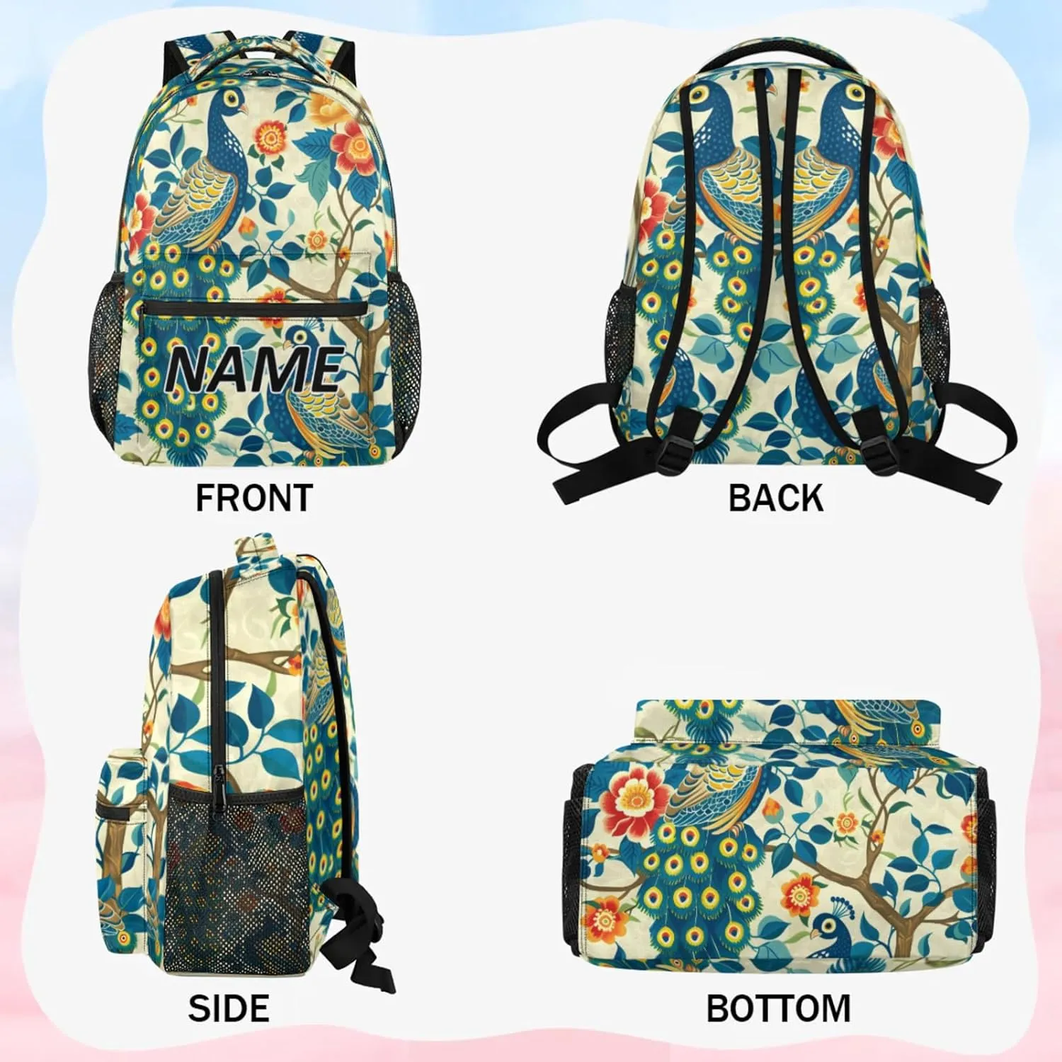 Custom Peacock Backpack with Name Personalized Waterproof Casual Daypack Watercolor Bird Feather Customize Laptop Backpacks for Women Men