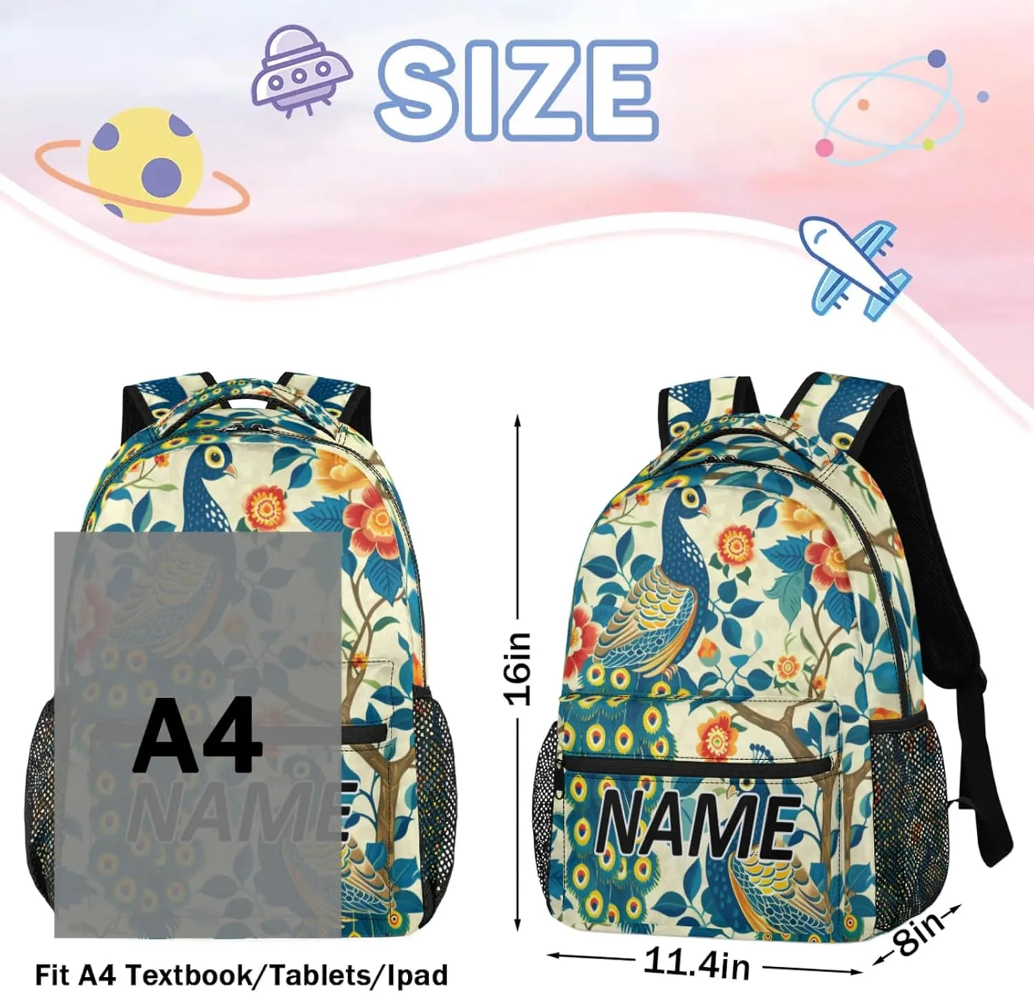 Custom Peacock Backpack with Name Personalized Waterproof Casual Daypack Watercolor Bird Feather Customize Laptop Backpacks for Women Men
