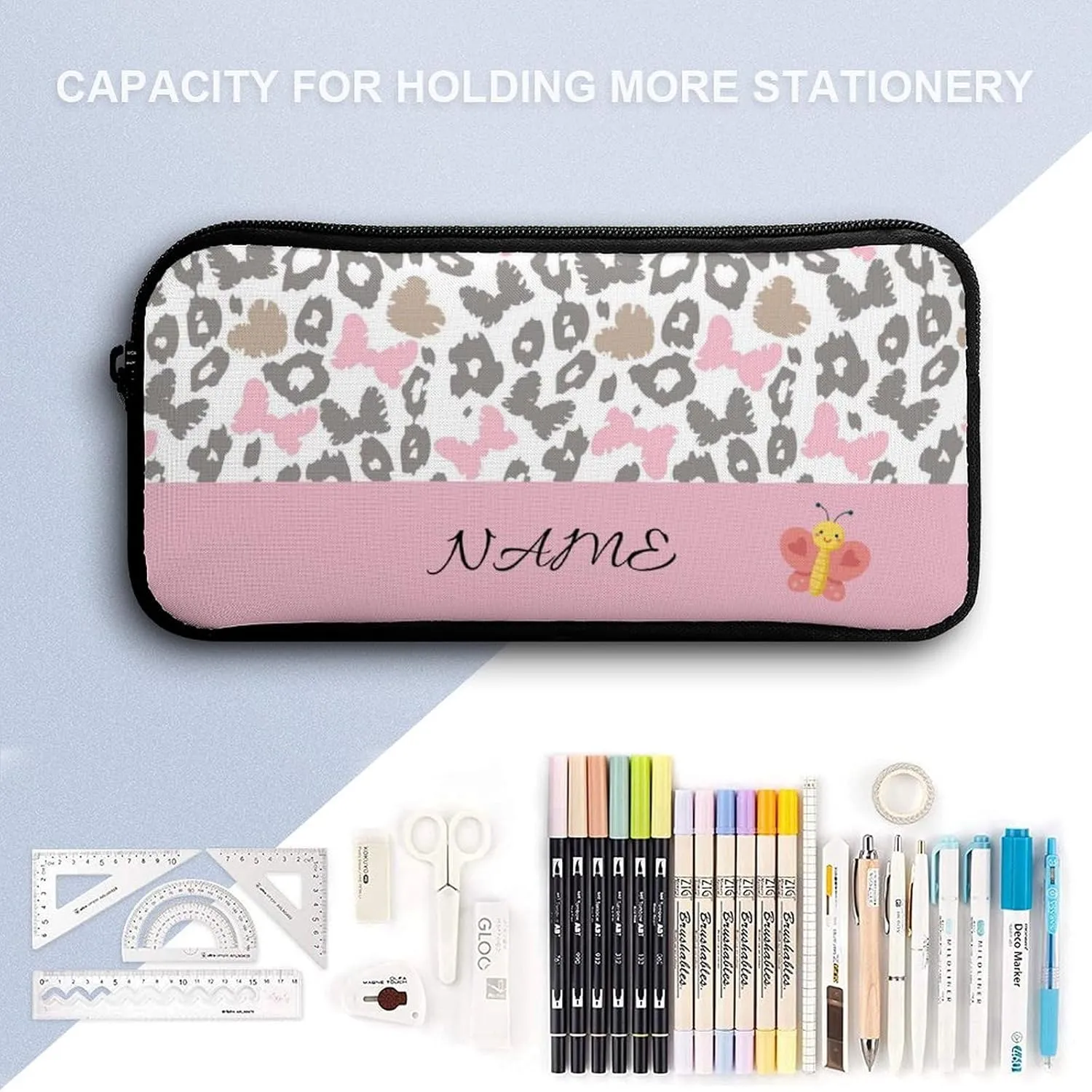 Custom Pink Butterfly Leopard Backpack Set 4 in 1 Personalized Add Your Name School Bag with Lunch Bag Pencil Case Water Bottle Customized Backpack for Kids Girls Boys