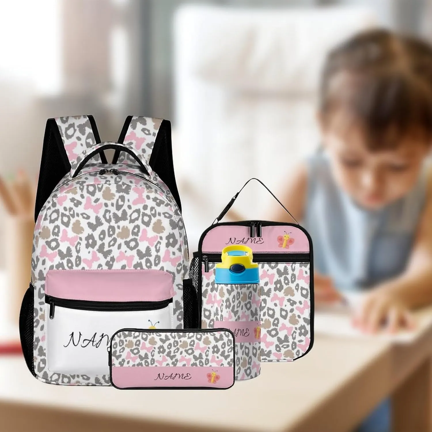 Custom Pink Butterfly Leopard Backpack Set 4 in 1 Personalized Add Your Name School Bag with Lunch Bag Pencil Case Water Bottle Customized Backpack for Kids Girls Boys