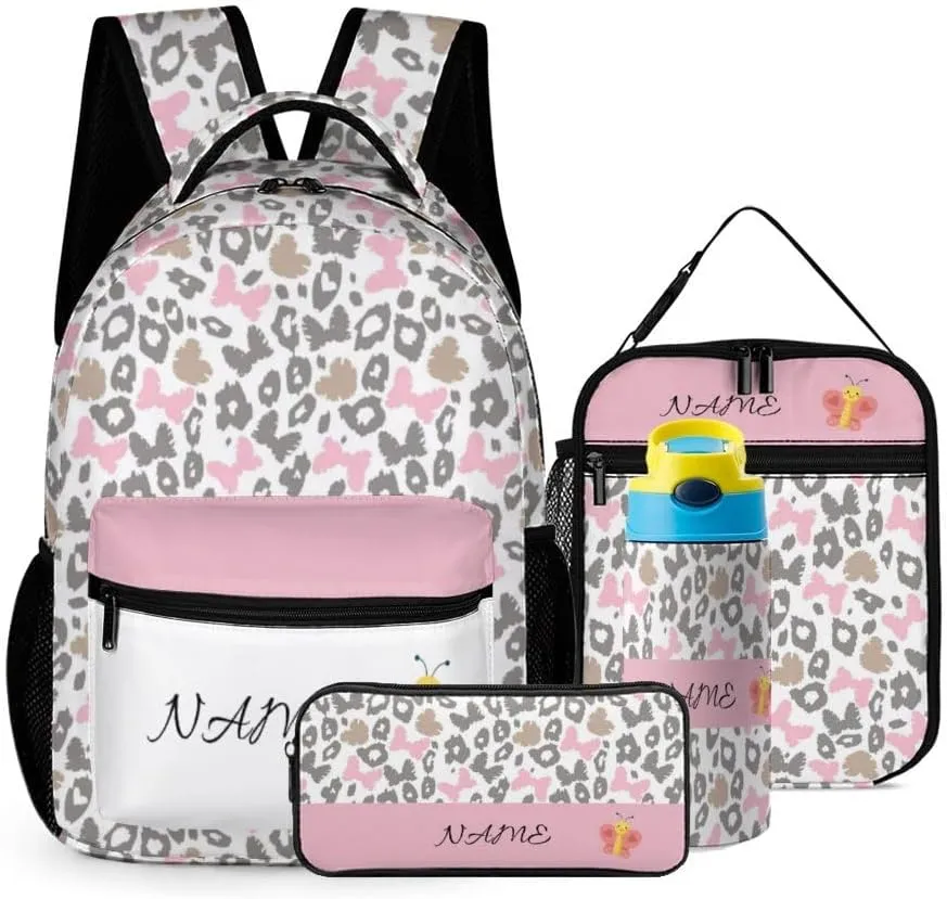 Custom Pink Butterfly Leopard Backpack Set 4 in 1 Personalized Add Your Name School Bag with Lunch Bag Pencil Case Water Bottle Customized Backpack for Kids Girls Boys