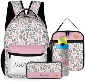 Custom Pink Butterfly Leopard Backpack Set 4 in 1 Personalized Add Your Name School Bag with Lunch Bag Pencil Case Water Bottle Customized Backpack for Kids Girls Boys