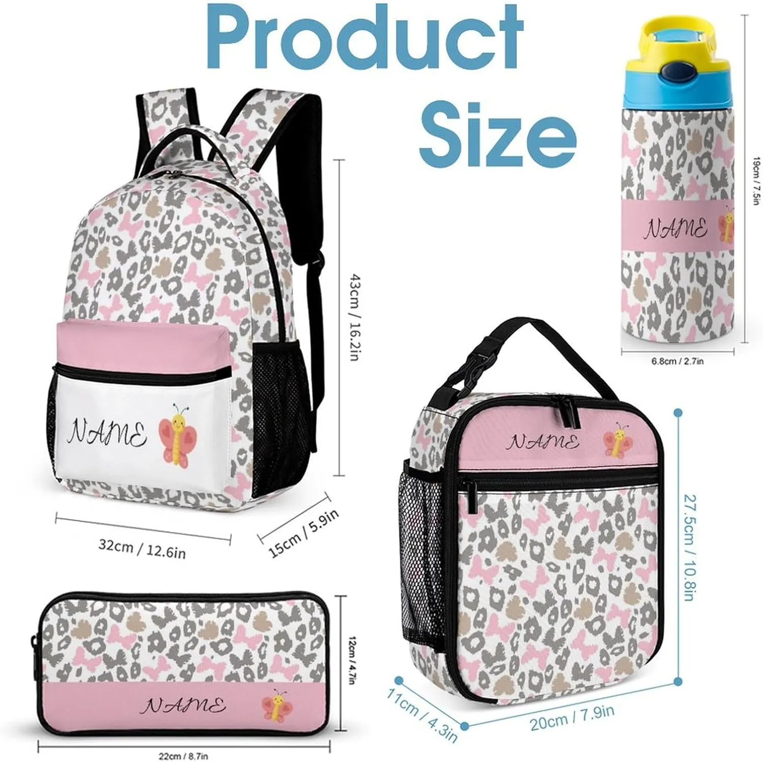 Custom Pink Butterfly Leopard Backpack Set 4 in 1 Personalized Add Your Name School Bag with Lunch Bag Pencil Case Water Bottle Customized Backpack for Kids Girls Boys