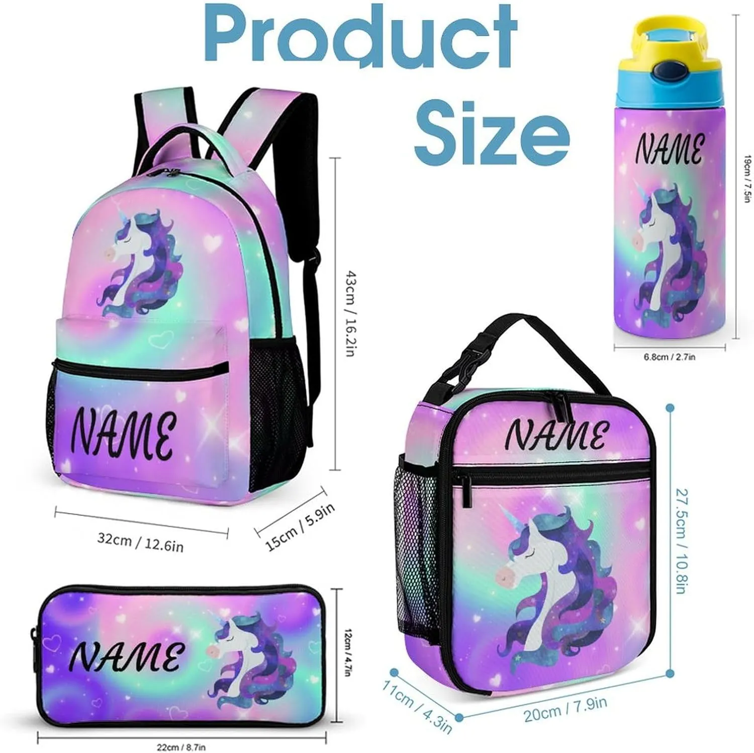 Custom Purple Galaxy Unicorn 4Pcs Backpack Set with Lunch Bag Pencil Case Water Bottle Personalized Name Text School Book Bags Customized Backpack Set for Girls Boys Kids