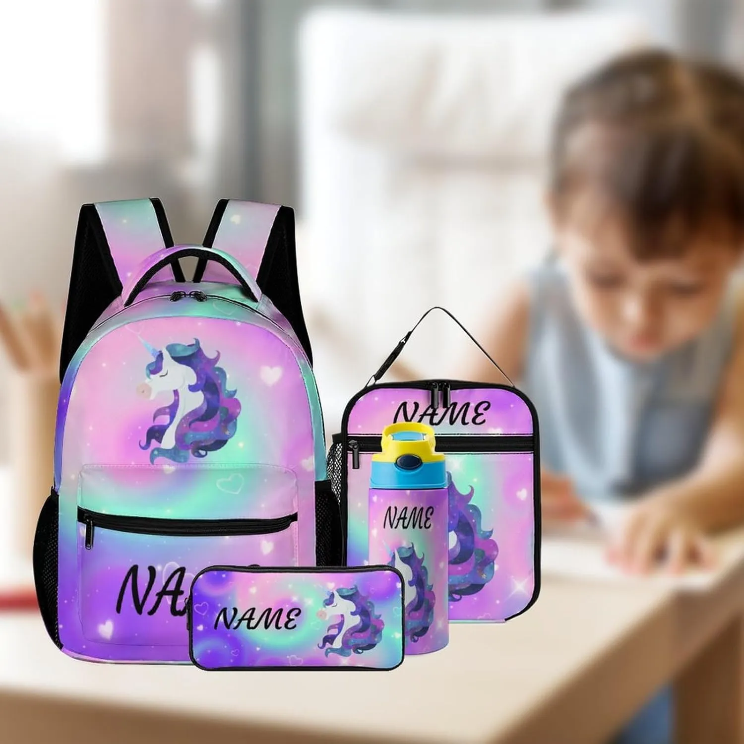 Custom Purple Galaxy Unicorn 4Pcs Backpack Set with Lunch Bag Pencil Case Water Bottle Personalized Name Text School Book Bags Customized Backpack Set for Girls Boys Kids