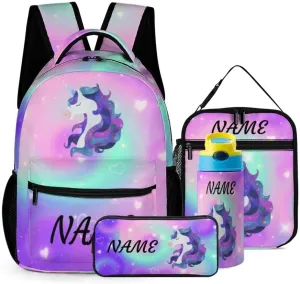 Custom Purple Galaxy Unicorn 4Pcs Backpack Set with Lunch Bag Pencil Case Water Bottle Personalized Name Text School Book Bags Customized Backpack Set for Girls Boys Kids