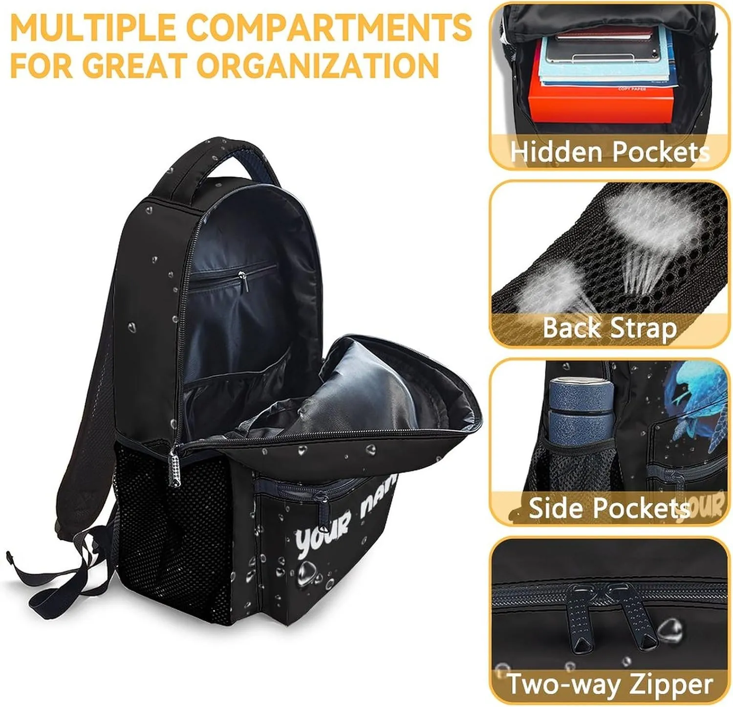 Custom Sea Turtle Backpack for Girls - 16 Inch Black Backpacks for School - Cute Lightweight Bookbag for Kids