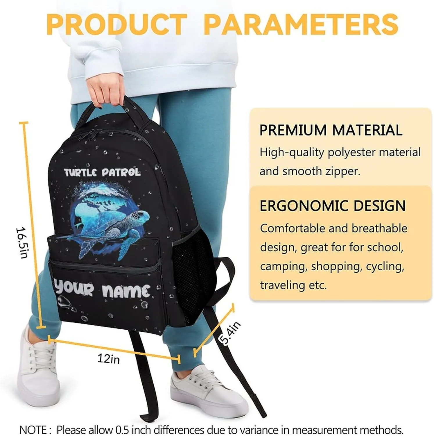 Custom Sea Turtle Backpack for Girls - 16 Inch Black Backpacks for School - Cute Lightweight Bookbag for Kids