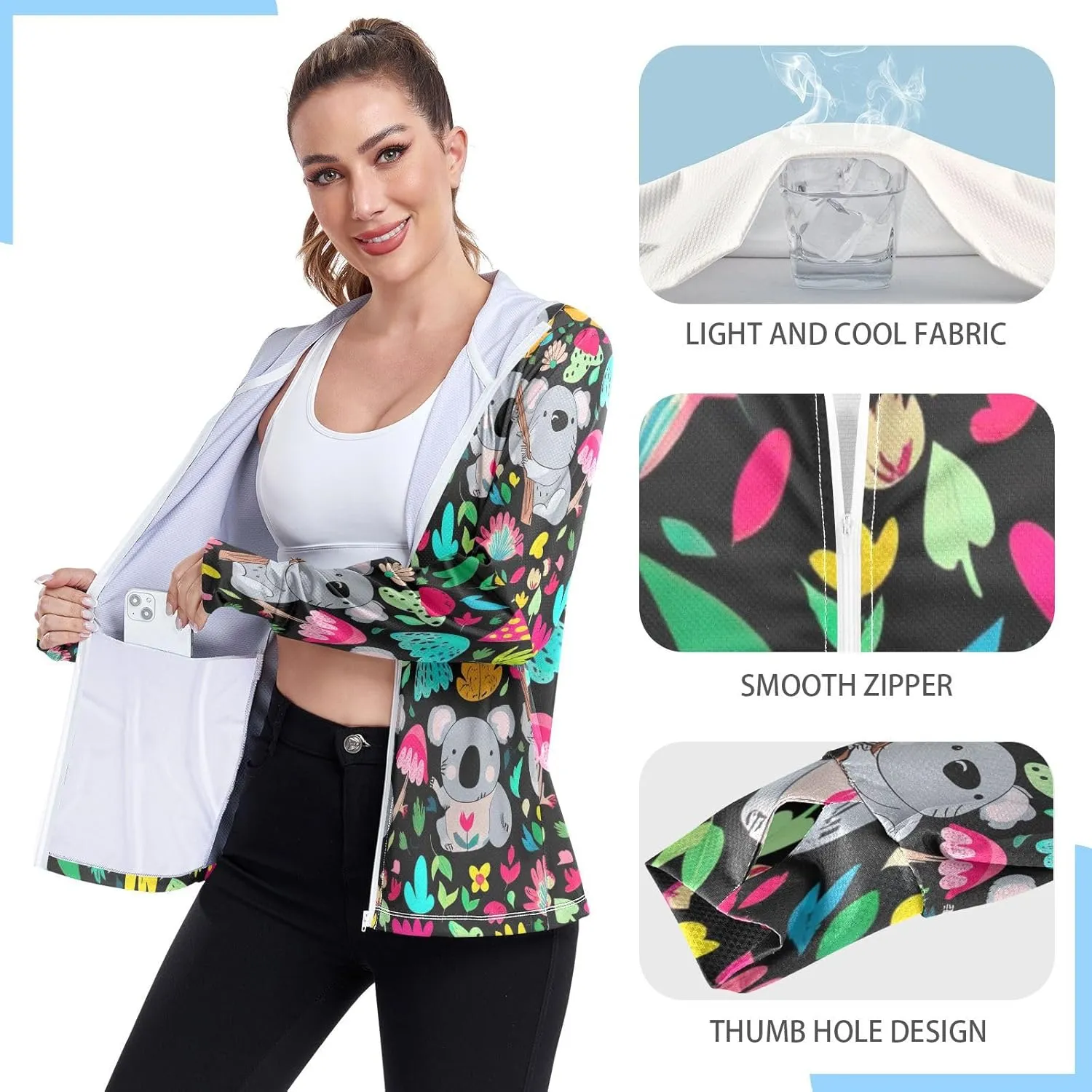 Cute Koalas Black Womens Uv Protection Clothing, Upf 50  Zip up Outdoor Clothing, (S-XXL)