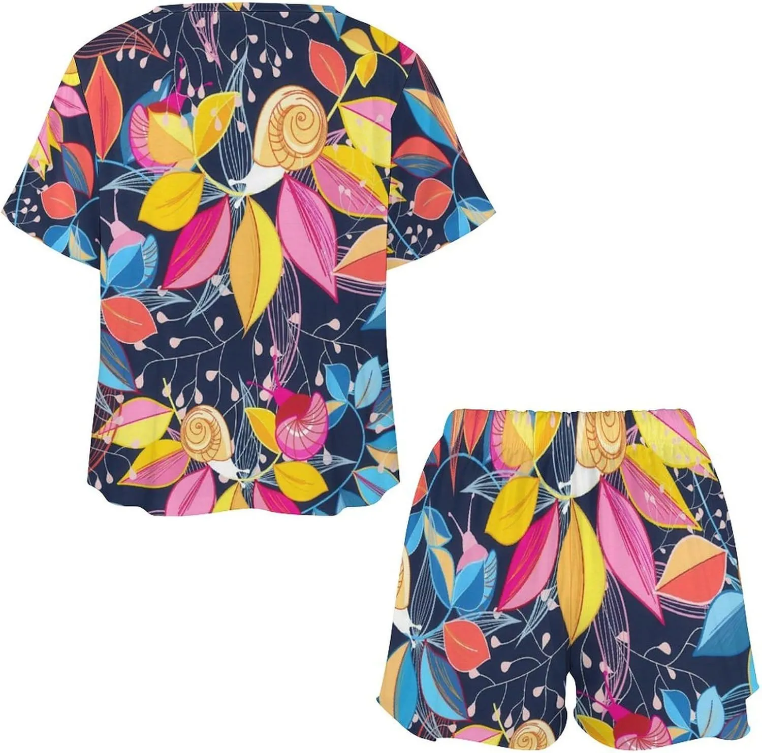 Cute Latin Style Floral Home 2 Pieces Ladies Pajamas Short Sleeves Sleepwear Set with Pockets