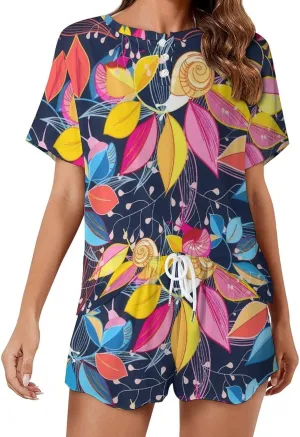 Cute Latin Style Floral Home 2 Pieces Ladies Pajamas Short Sleeves Sleepwear Set with Pockets