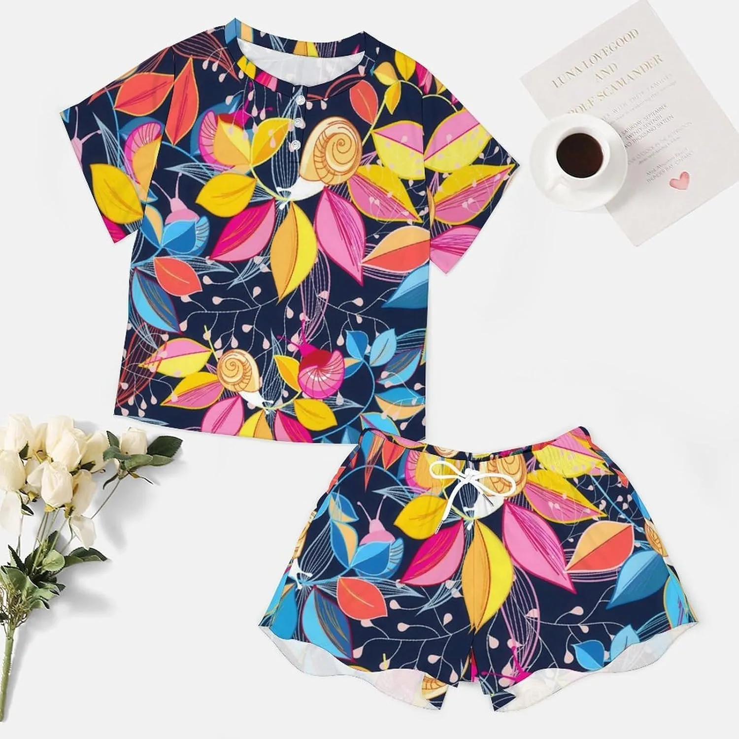 Cute Latin Style Floral Home 2 Pieces Ladies Pajamas Short Sleeves Sleepwear Set with Pockets