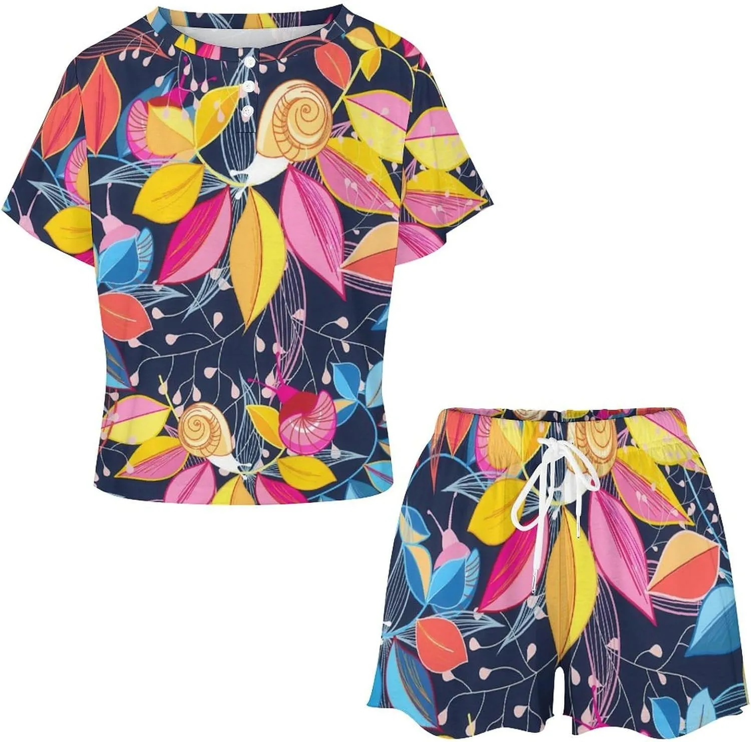 Cute Latin Style Floral Home 2 Pieces Ladies Pajamas Short Sleeves Sleepwear Set with Pockets