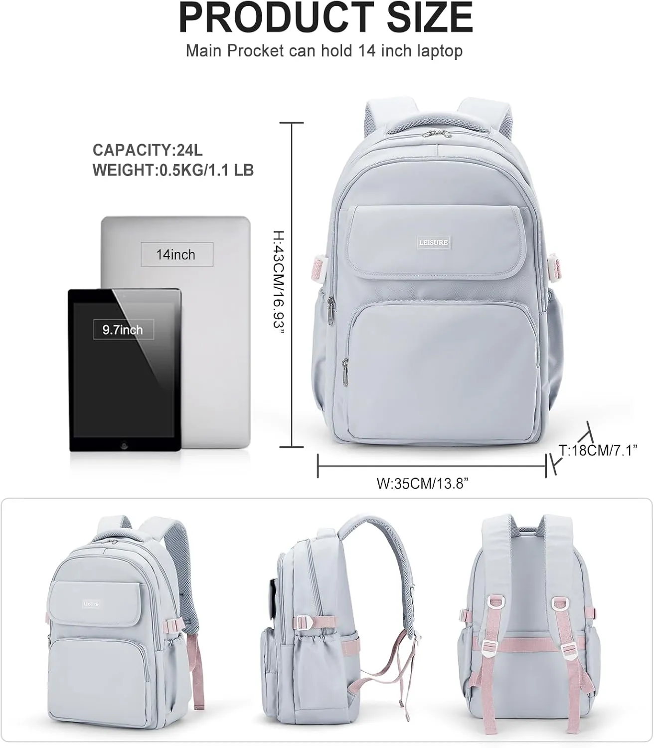 Cute Middle School Backpack For Teen Girls,Waterproof Casual Bookbags,Lightweight Travel Daypack,Basic Laptop College Backpack For Women(grey