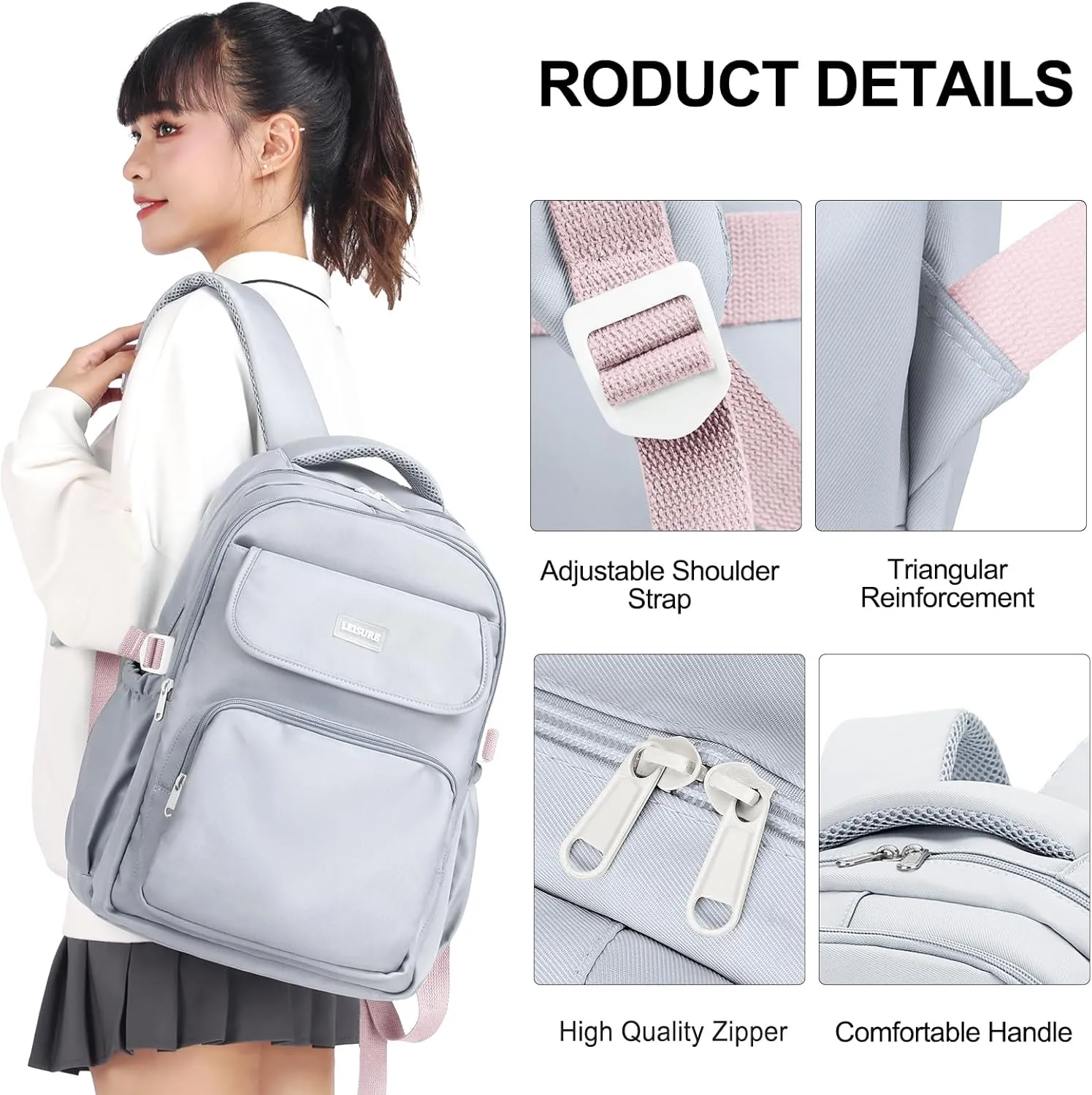 Cute Middle School Backpack For Teen Girls,Waterproof Casual Bookbags,Lightweight Travel Daypack,Basic Laptop College Backpack For Women(grey